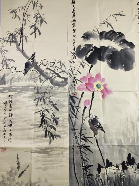 古玩字畫(己保真)中國美術(shù)家協(xié)會理事.教授 馬新林《花鳥四屏》拍賣，當前價格3699元