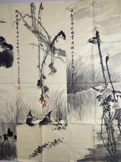 古玩字畫(己保真)中國美術(shù)家協(xié)會理事.教授 馬新林《花鳥四屏》拍賣，當前價格3699元