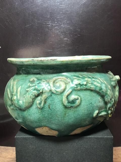 古玩陶瓷明代.綠釉浮雕雙龍爐拍賣，當前價格3500元