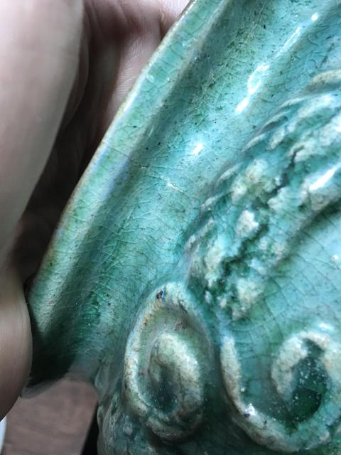 古玩陶瓷明代.綠釉浮雕雙龍爐拍賣，當前價格3500元