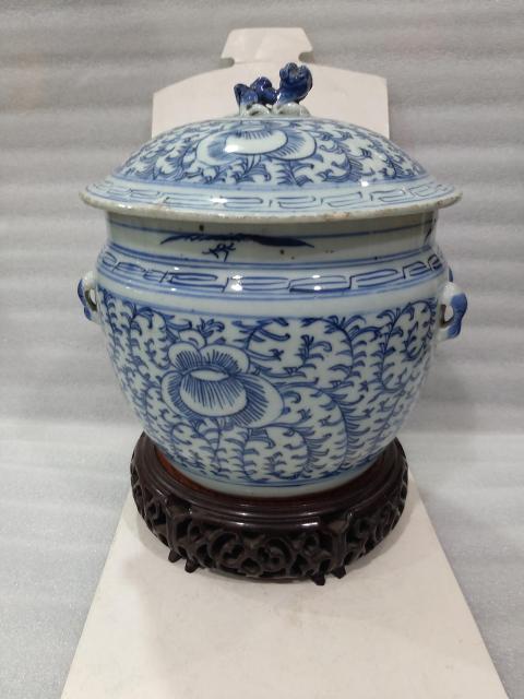 古玩陶瓷青花纏枝勾蓮紋四系粥罐拍賣，當前價格2880元