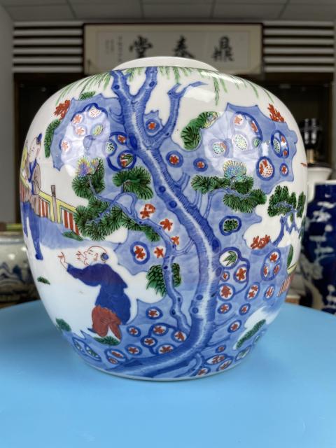 古玩陶瓷清晚期 青花五彩嬰戲圖大罐（斗彩官窯款）拍賣，當前價格15000元
