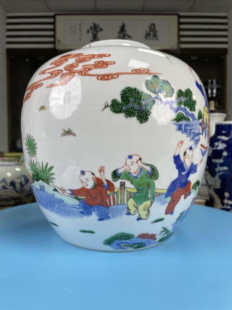 古玩陶瓷清晚期 青花五彩嬰戲圖大罐（斗彩官窯款）拍賣，當前價格15000元