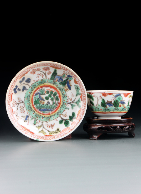 古玩陶瓷6848-51】清康熙  五彩通景風光樓閣人物圖杯盤拍賣，當前價格4500元