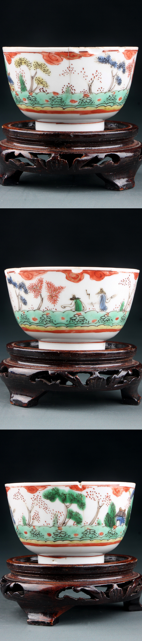 古玩陶瓷6848-51】清康熙  五彩通景風光樓閣人物圖杯盤拍賣，當前價格4500元