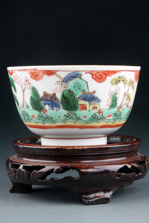 古玩陶瓷6848-51】清康熙  五彩通景風光樓閣人物圖杯盤拍賣，當前價格4500元