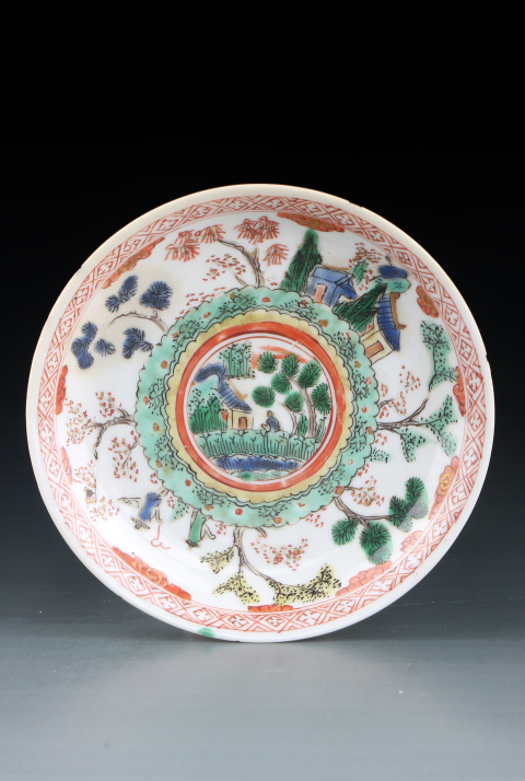 古玩陶瓷6848-51】清康熙  五彩通景風光樓閣人物圖杯盤拍賣，當前價格4500元