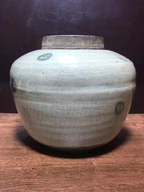 古玩陶瓷清中.哥釉青花錢紋罐拍賣，當前價格1650元