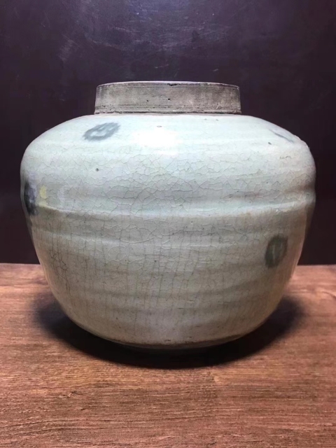 古玩陶瓷清中.哥釉青花錢紋罐拍賣，當前價格1650元