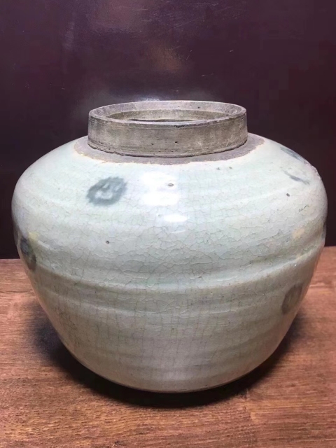 古玩陶瓷清中.哥釉青花錢紋罐拍賣，當前價格1650元