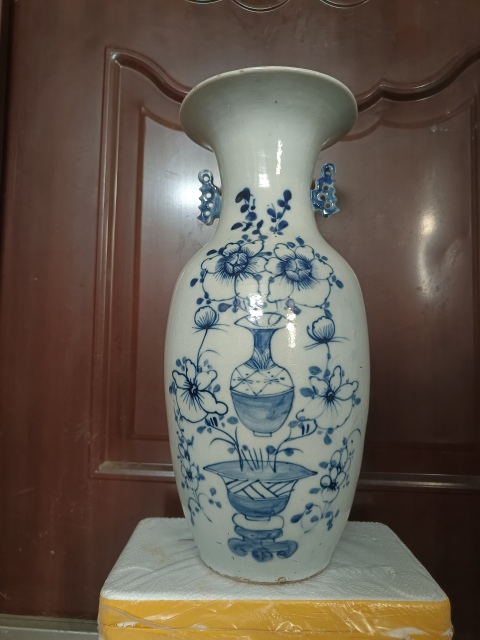 古玩陶瓷光緒豆青釉青花博古花卉紋撇口瓶拍賣，當(dāng)前價(jià)格1600元