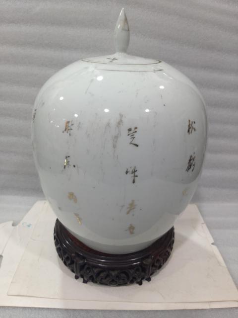 古玩陶瓷【望月樓】民國墨彩描金松鶴紋描金冬瓜罐拍賣，當前價格1600元