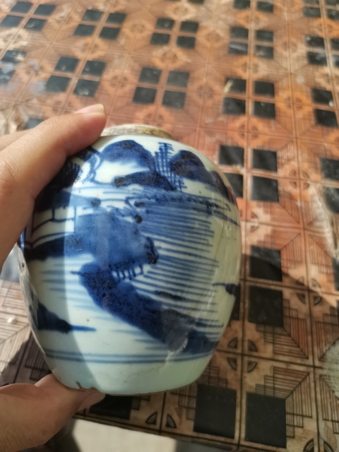 古玩陶瓷乾隆青花山水人物罐(景德鎮窯口)拍賣，當前價格888元