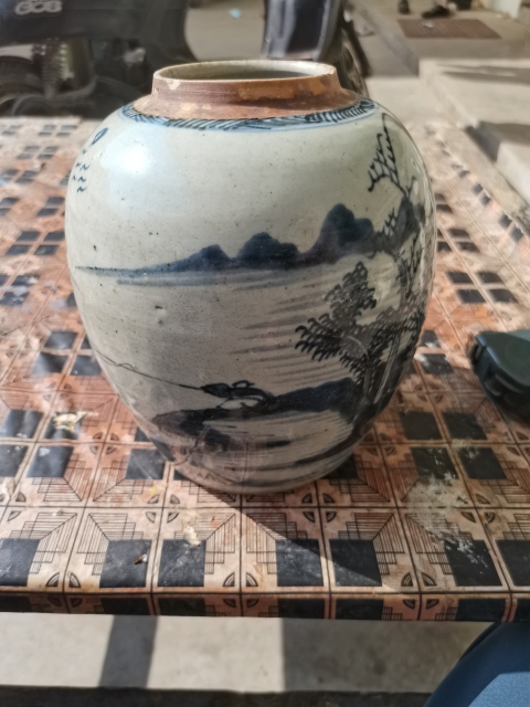 古玩陶瓷乾隆清中期青花山水人物紋罐，大罐子拍賣，當前價格899元