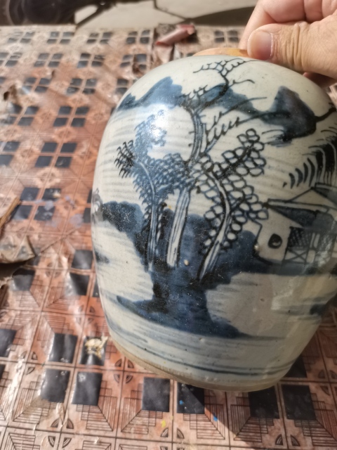 古玩陶瓷乾隆清中期青花山水人物紋罐，大罐子拍賣，當前價格899元