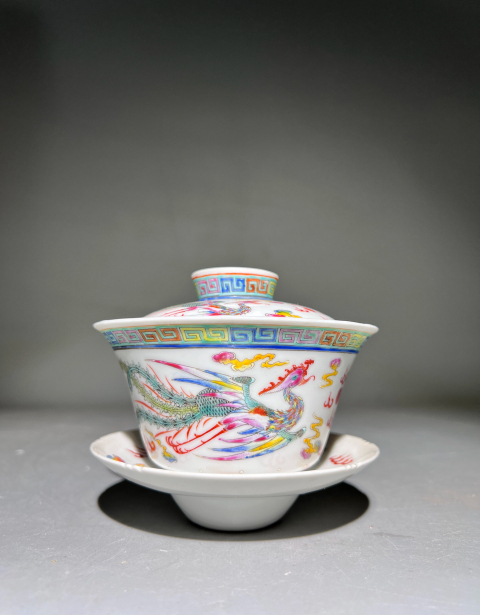 古玩陶瓷（收藏佳品）粉彩龍鳳紋蓋碗一套拍賣，當前價格4888元