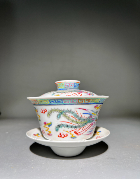 古玩陶瓷（收藏佳品）粉彩龍鳳紋蓋碗一套拍賣，當前價格4888元