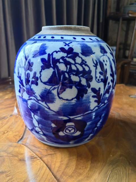 古玩陶瓷晚清牡丹紋青花罐拍賣，當前價格650元