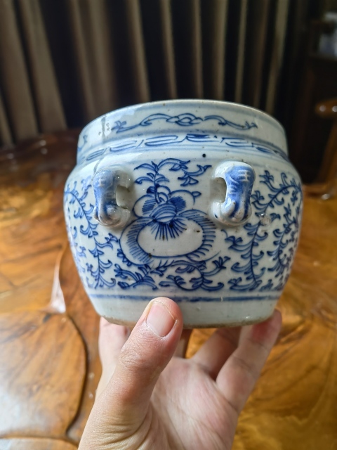 古玩陶瓷青花一束蓮虎頭鈕小粥罐拍賣,當前價格450元