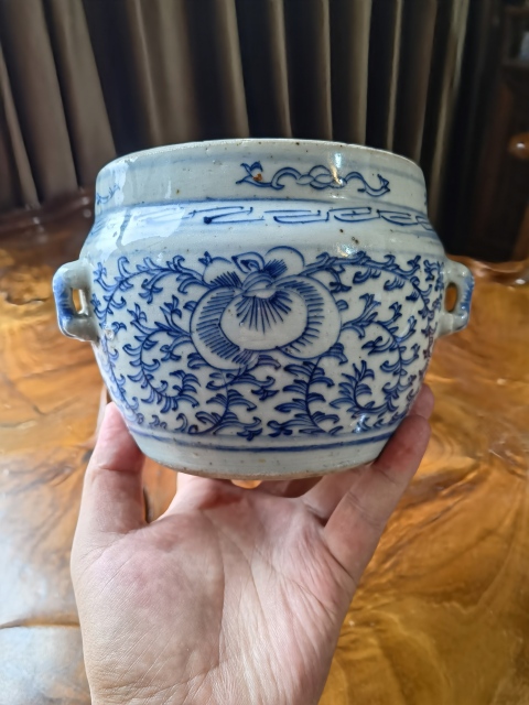 古玩陶瓷青花一束蓮虎頭鈕小粥罐拍賣,當前價格450元