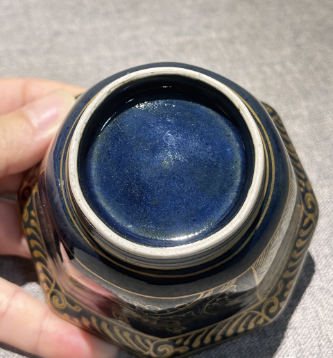 古玩陶瓷清代藍釉描金花鳥詩文八方杯拍賣,當前價格3000元