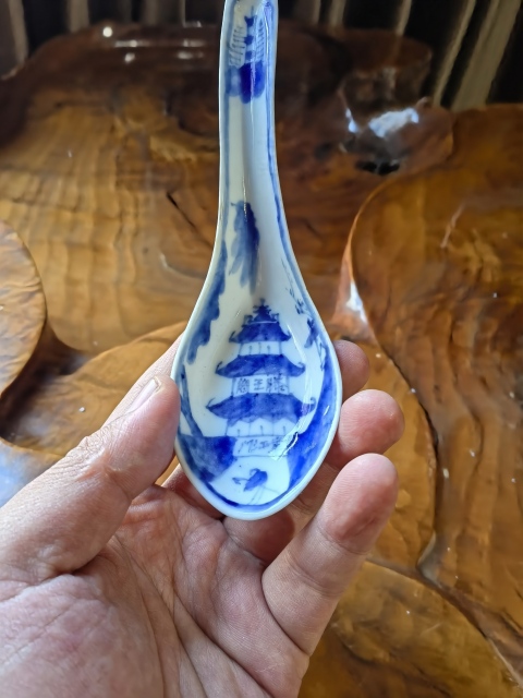 古玩陶瓷青花亭臺樓閣山水人物紋勺拍賣，當前價格178元