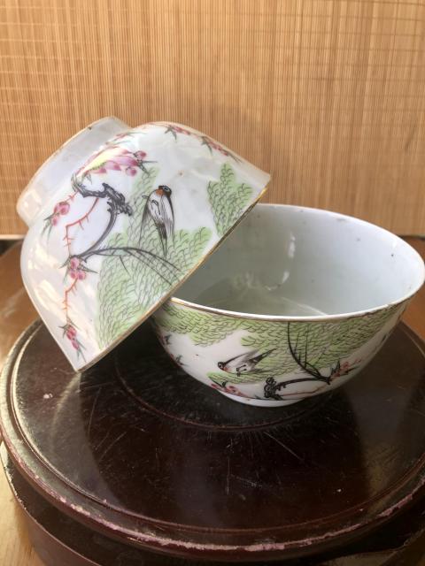 古玩陶瓷民國花鳥紋彩繪碗一對拍賣，當前價格800元