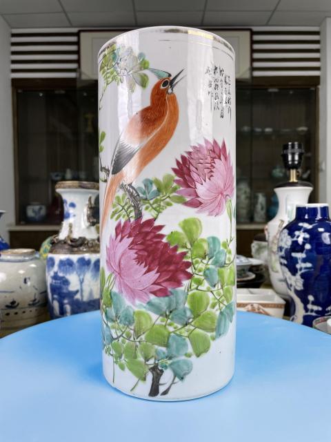 古玩陶瓷民國(guó)精品 名家 粉彩花鳥(niǎo)詩(shī)文帽筒拍賣，當(dāng)前價(jià)格950元