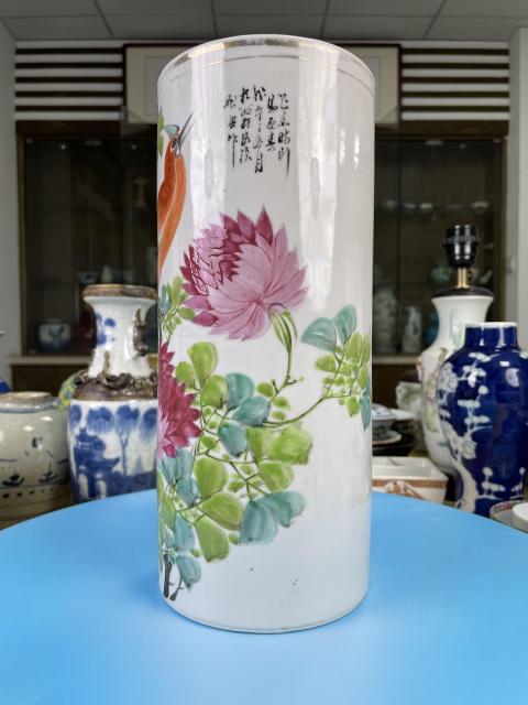 古玩陶瓷民國(guó)精品 名家 粉彩花鳥(niǎo)詩(shī)文帽筒拍賣，當(dāng)前價(jià)格950元
