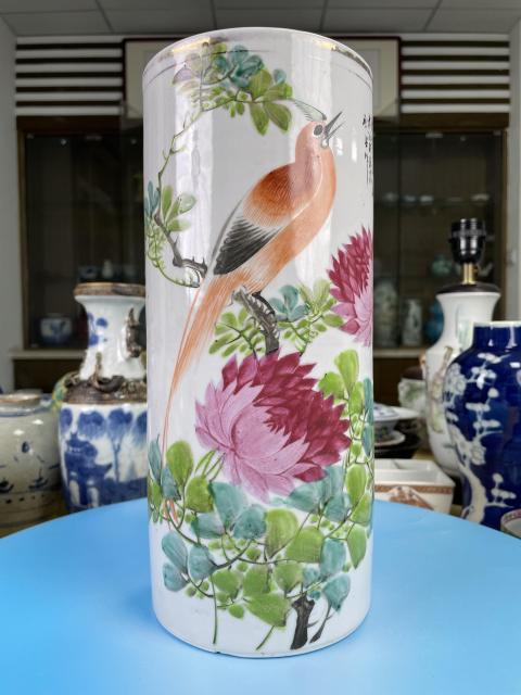 古玩陶瓷民國(guó)精品 名家 粉彩花鳥(niǎo)詩(shī)文帽筒拍賣，當(dāng)前價(jià)格950元