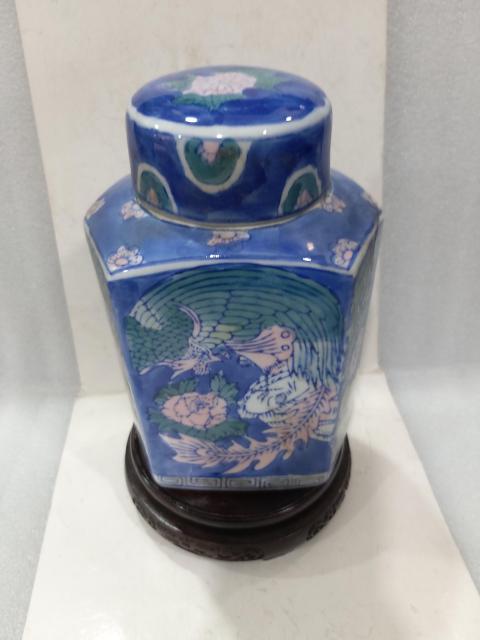解放初期鳳凰牡丹紋青花加彩蓋罐拍賣，當前價格480元