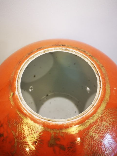 古玩陶瓷民國?紅釉描金松鶴延年紋西瓜罐(色正)拍賣,當前價格1388元