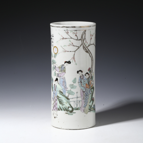 古玩陶瓷民國·粉彩桃花仕女紋帽筒拍賣，當前價格2300元