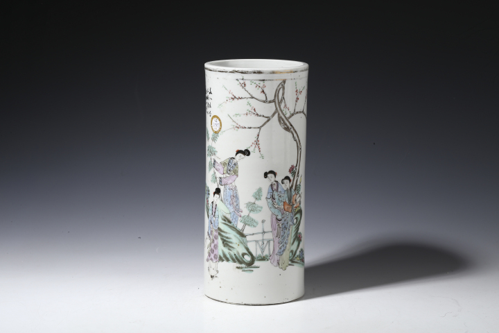 古玩陶瓷民國·粉彩桃花仕女紋帽筒拍賣，當前價格2300元