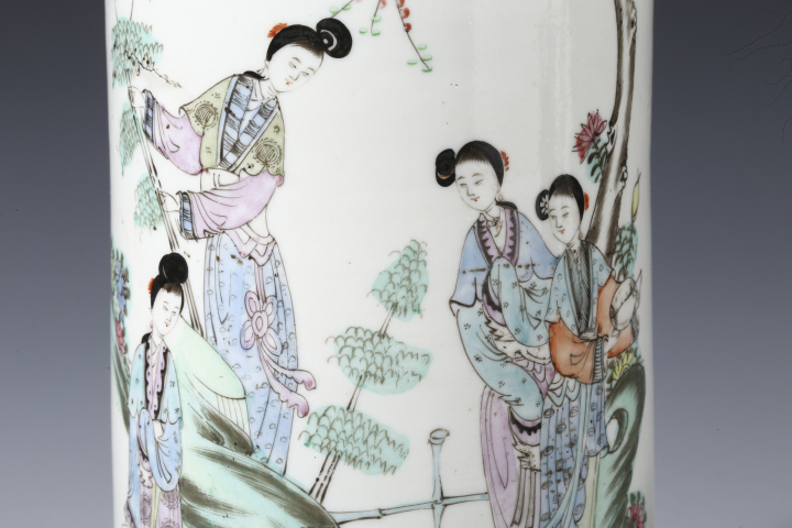 古玩陶瓷民國·粉彩桃花仕女紋帽筒拍賣，當前價格2300元