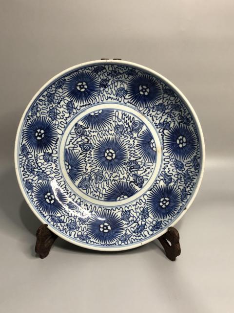 古玩陶瓷清中太陽花福字紋青花盤拍賣，當前價格600元