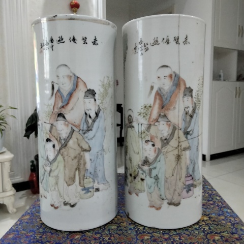 古玩陶瓷民國·馬慶云作淺絳彩人物紋帽筒拍賣，當前價格15000元