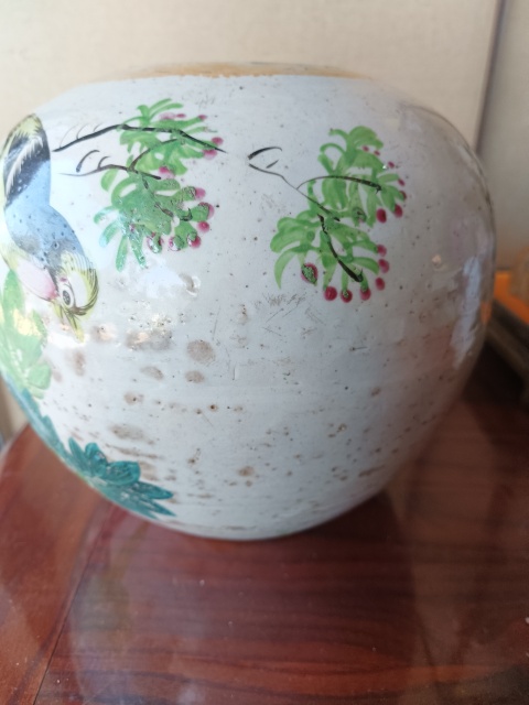 古玩陶瓷【民國】花鳥紋彩繪西瓜罐拍賣，當前價格180元
