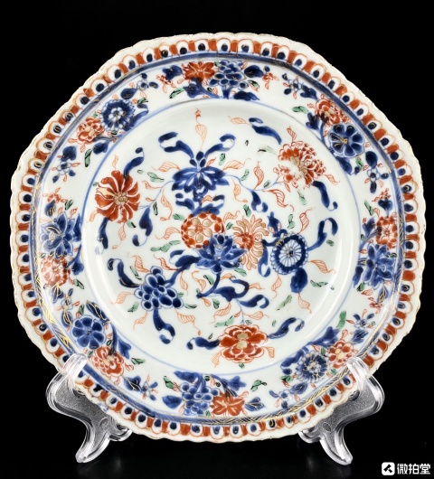 古玩陶瓷【康熙精品】青花礬紅描金折枝花卉紋花口八方深腹折腰盤拍賣,當前價格9800元