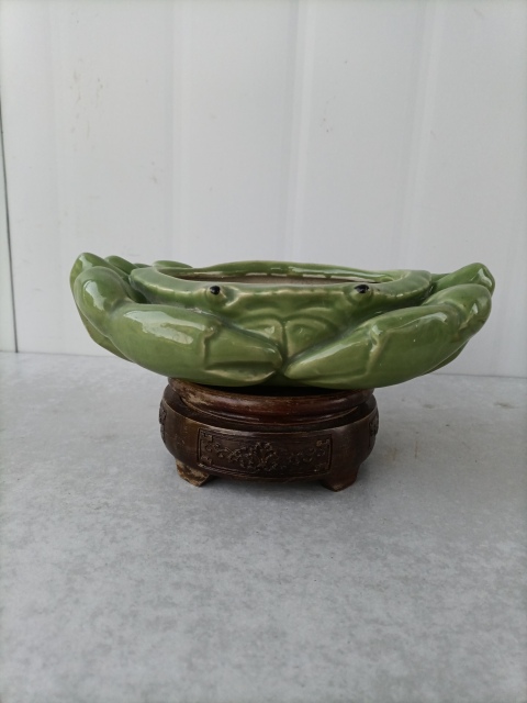 古玩陶瓷出口創匯期綠釉螃蟹水仙盆拍賣，當前價格350元