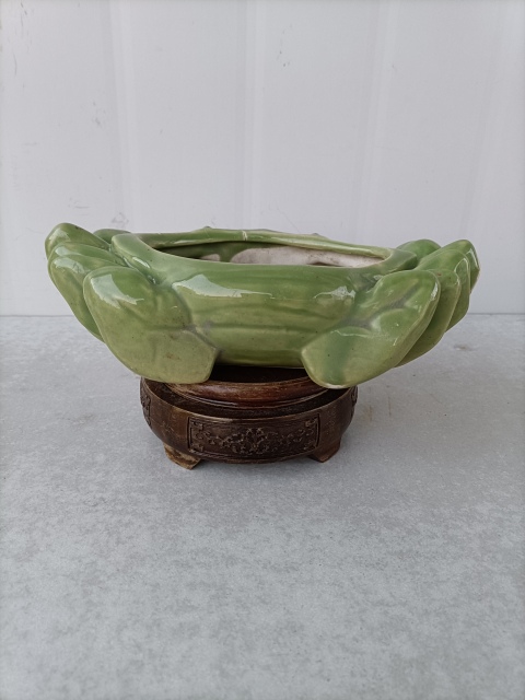 古玩陶瓷出口創匯期綠釉螃蟹水仙盆拍賣，當前價格350元