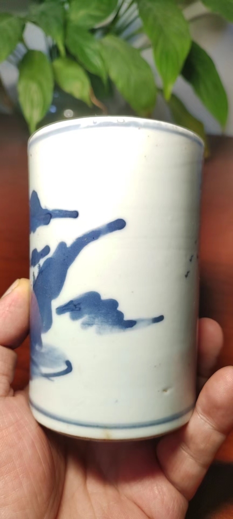 古玩陶瓷（虧出，不議價）清道咸山水紋青花筆筒拍賣，當前價格3600元