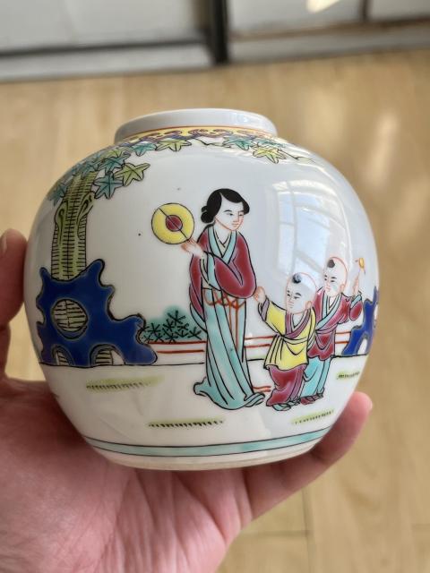 古玩陶瓷解放初期三娘教子圖彩繪蓋缸拍賣，當前價格880元