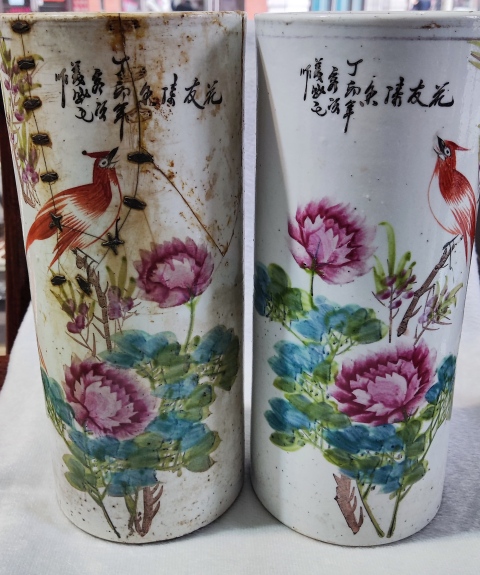 古玩陶瓷民國淺絳彩花鳥紋帽筒一對拍賣,當前價格3988元