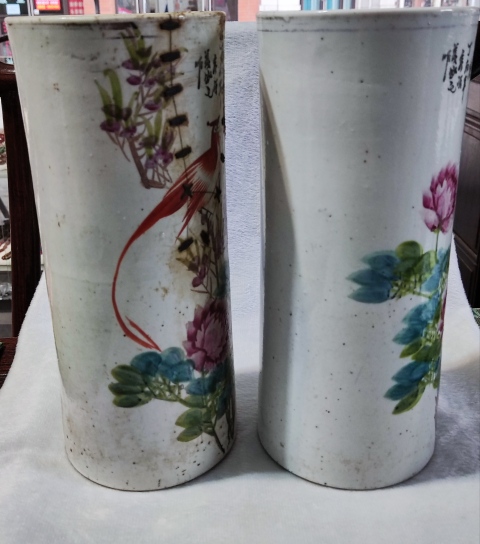 古玩陶瓷民國淺絳彩花鳥紋帽筒一對拍賣,當前價格3988元