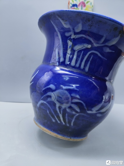 古玩陶瓷清晚期霽藍釉堆白花卉紋發大渣斗拍賣,當前價格2600元