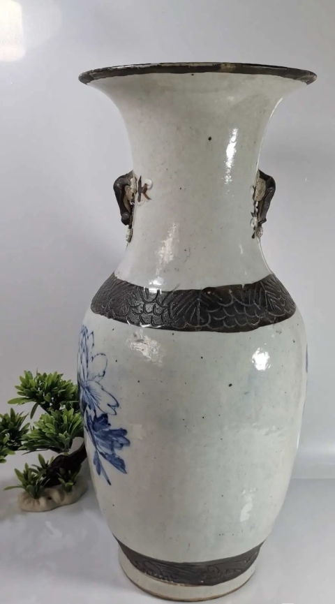 中国　清時代　哥釉青華花鳥紋大瓶　高さ45cm アンティーク　送料込み0604 まとめ買い】 中国 清時代 送料 アンティーク 高さ45cm 哥釉青華