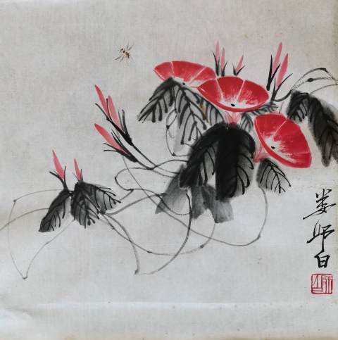 古玩字畫齊白石入室弟子一代花鳥大師婁師白花卉草蟲圖拍賣，當前價格20000元