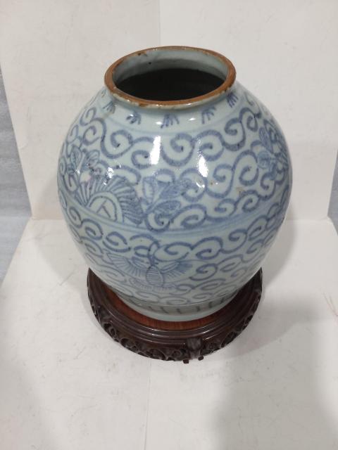 古玩陶瓷清代中期樹葉款花卉紋青花罐拍賣，當前價格4888元
