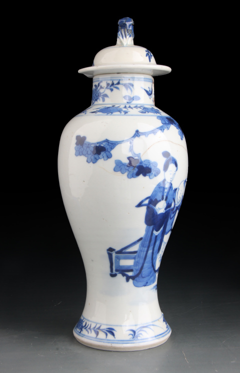 古玩陶瓷7265】清晚期  青花庭院教子圖梅瓶拍賣，當前價格1880元